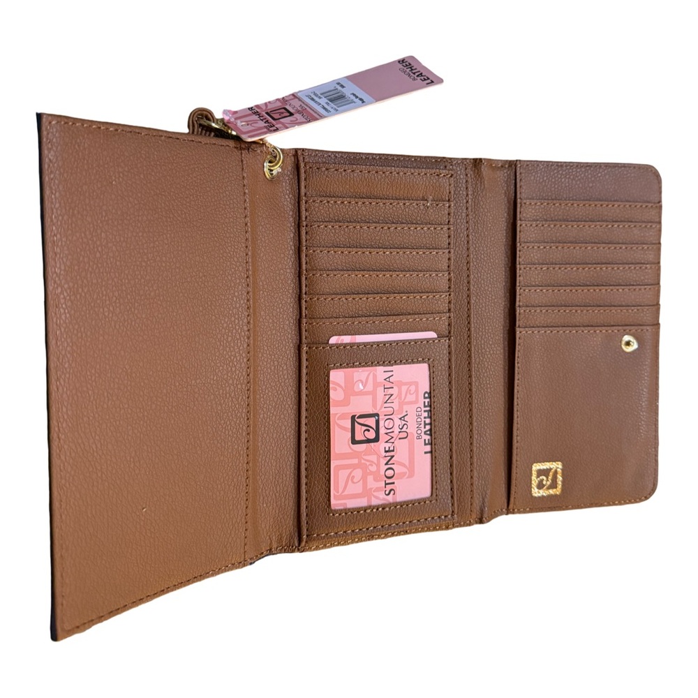 Stone Mountain Leather Navy Tan Wristlet Wallet NWT $68 trifold ID window card - Picture 3 of 9